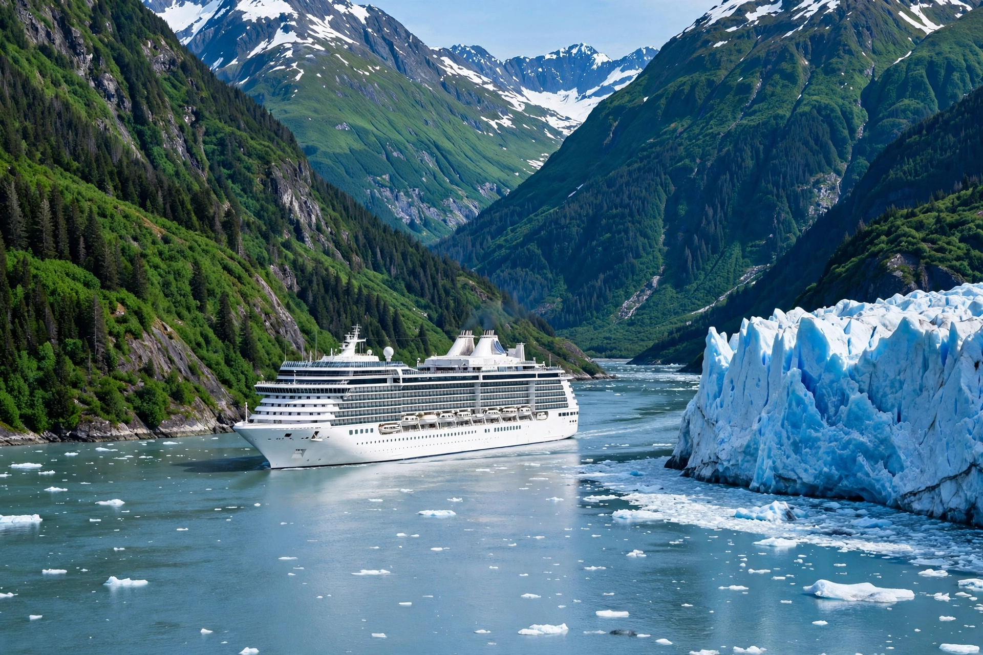 A cruise ship in an Alaska fjord beneath steep green mountains
