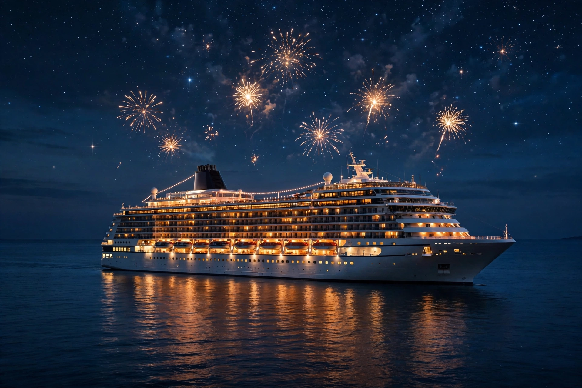 A cruise ship lit up at night with fireworks bursting overhead
